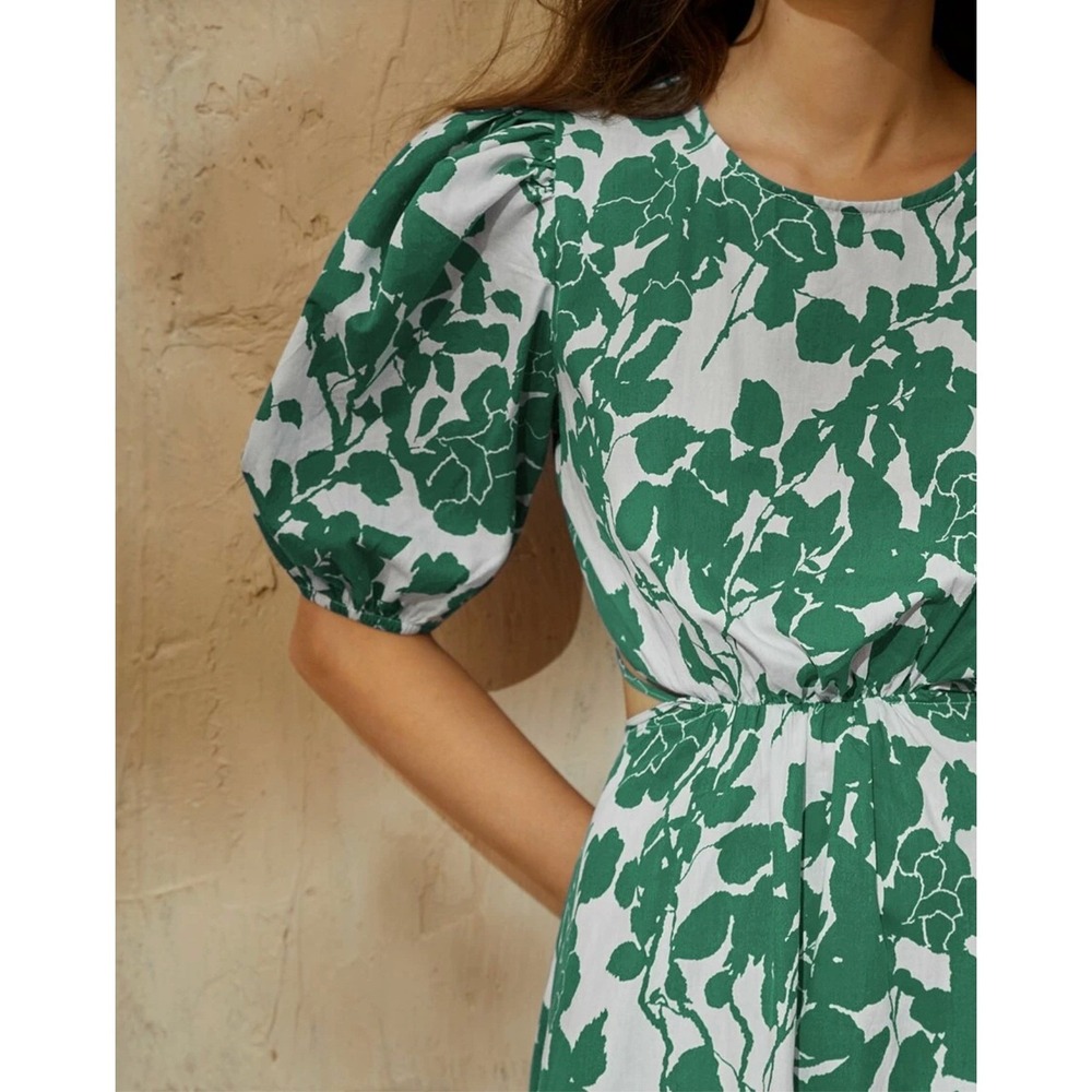 Green White Floral Garden Midi Wrap Dress Puff Sleeves Shea McGee Inspired SZ XL - Picture 5 of 16